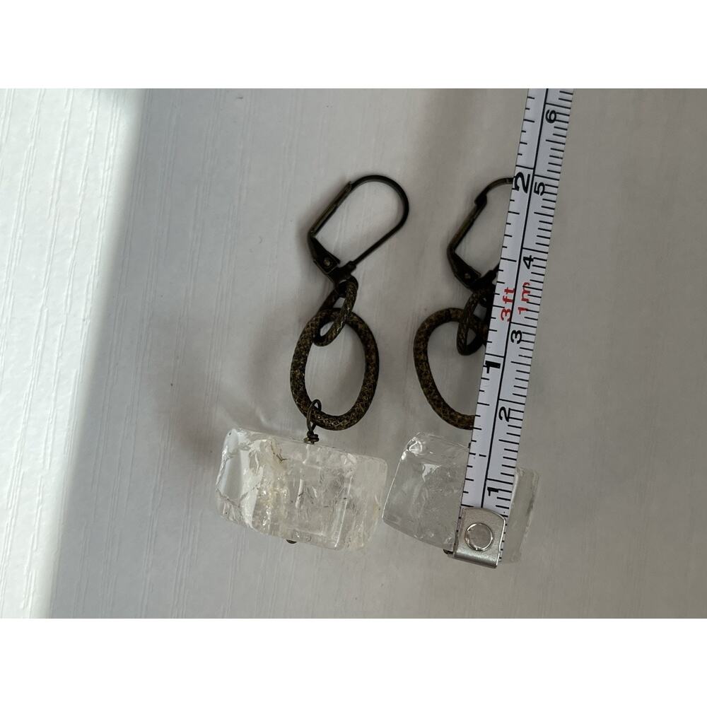 Antique bronze Quartz Crystal Clear Cubed Hexagon drop Earrings, Unique Heavy - Picture 5 of 5
